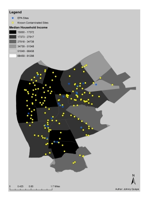 Figure 3. Camden's contaminated sites and Median Household Income